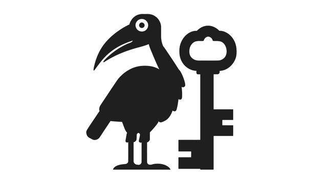 A black ibis stands beside a large key. The illustration is simple, featuring solid shapes on white