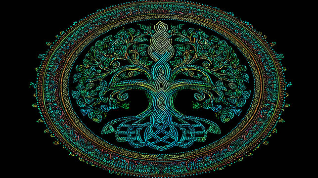 Intricate, colorful circular design of a tree with interwoven roots and branches on black background