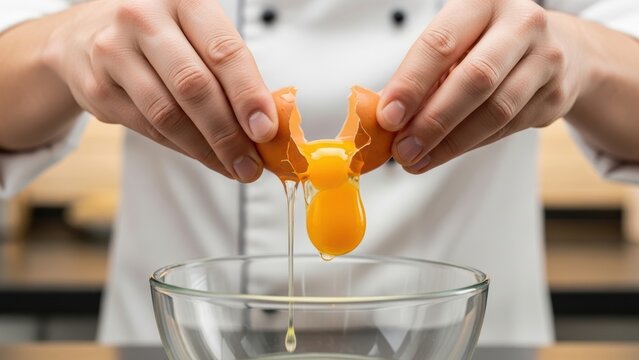 Close-up of hands breaking an egg over a bowl.