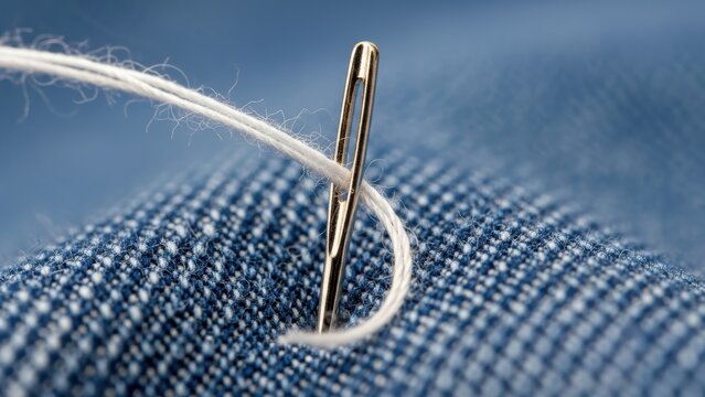 Macro shot of a needle with white thread in blue denim fabric.