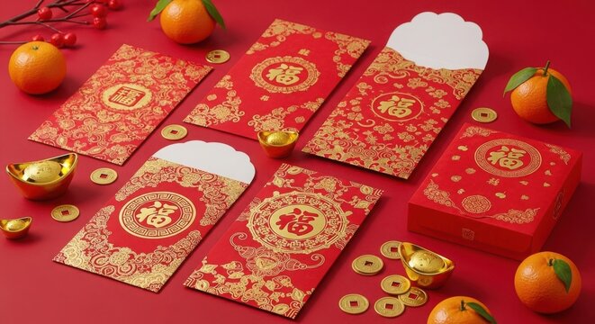 Red envelopes with gold designs on a red background with oranges illustration