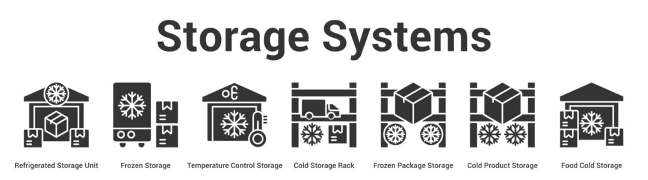Storage Systems web banner icon set vector illustration concept for business with icon of Refrigerated Storage Unit, Frozen Storage, Temperature Control Storage, Cold Storage Rack, Frozen Pack.