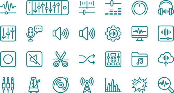 A comprehensive collection of thin line icons representing various audio production and digital sound engineering design elements