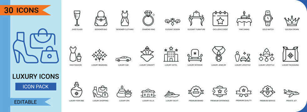 Luxury line art icon set. Containing champagne, handbag, perfume, jewelry, ring, crown, car, yacht, trophy, diamond, fashion, watch, travel, and more. Vector graphics.