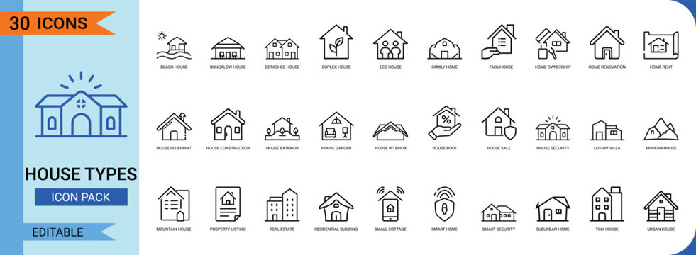 House types editable line art icon set. Containing villa, cottage, bungalow, modern home, eco house, farmhouse, duplex, apartment, building, residence, and more. Vector graphics.