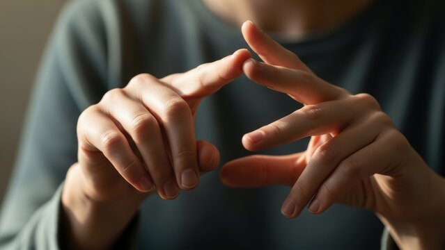 Close-up of hands communicating with sign language.