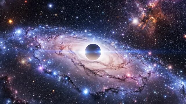 Vast cosmic spectacle unfolds as a gravitational anomaly, a cosmic abyss, pulls in stellar material, creating a mesmerizing swirling nebula filled with distant star clusters and glowing
