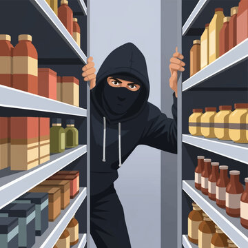Vector illustration of a suspicious man wearing a black hoodie and a full face mask hiding between grocery store shelves filled with various food products and bottles in a retail aisle.