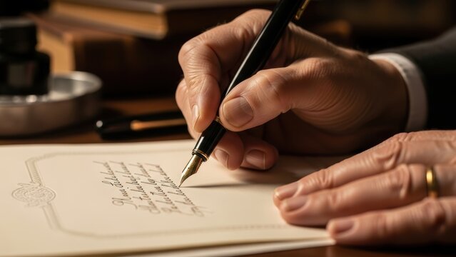 Close-up of a hand writing in cursive with a fountain pen.
