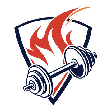 Dumbbell and shield logo with red flames for gym or fitness branding, dumbbell