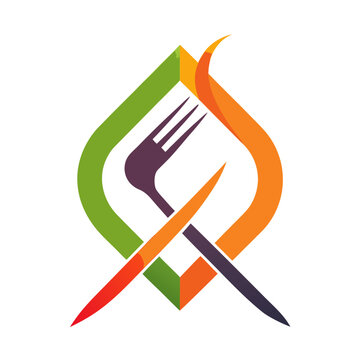 Stylized fork and knife cutlery logo in diamond frame with restaurant, geometric