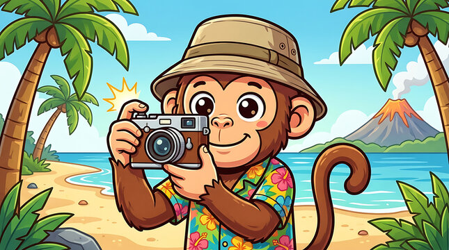 Adorable cartoon monkey tourist with a vintage camera on a vibrant tropical beach, ready to capture vacation memories under sunny skies with palm trees and a distant volcano