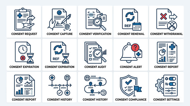 Set of data privacy and user consent management icons.