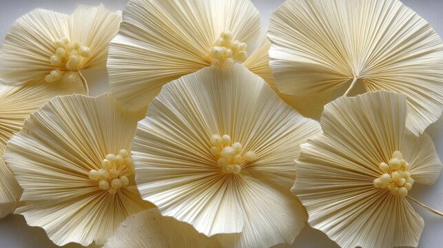 Multiple handcrafted paper blooms display intricate radial pleats and textured centers.