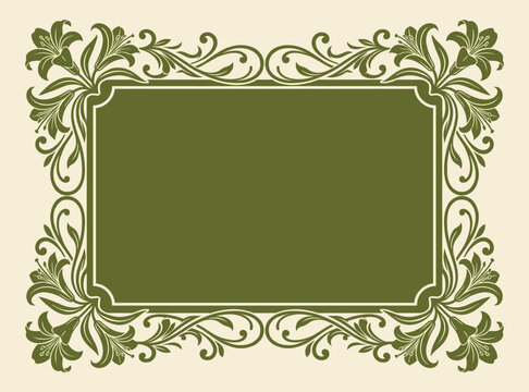 Green floral frame vector illustration with ornate lily pattern for decorative stationery design.