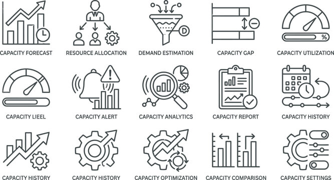 Set of capacity management and planning icons.