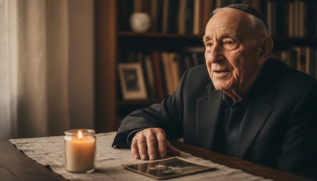 Elderly man telling story of survival and memory on holocaust remembrance day, sitting with a memorial candle and old photograph for jewish heritage concept