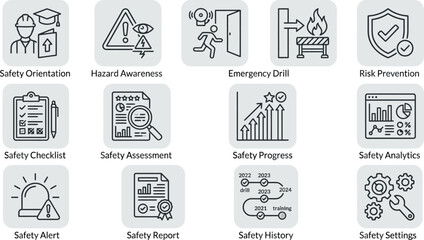 Fototapeta premium Safety and Risk Management Icons Set for Industrial Workplace Operations.