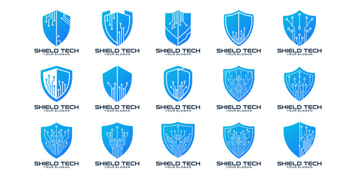 Abstract shield logo collection with circuit lines and lock icons, perfect for firewall systems, privacy protection, and secure access branding.