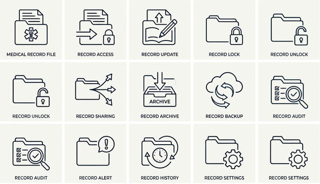 Set of file management and record keeping line icons.
