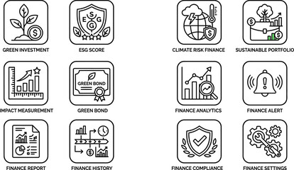 Obraz premium Set of financial and ESG investment outline icons for sustainable business reporting.