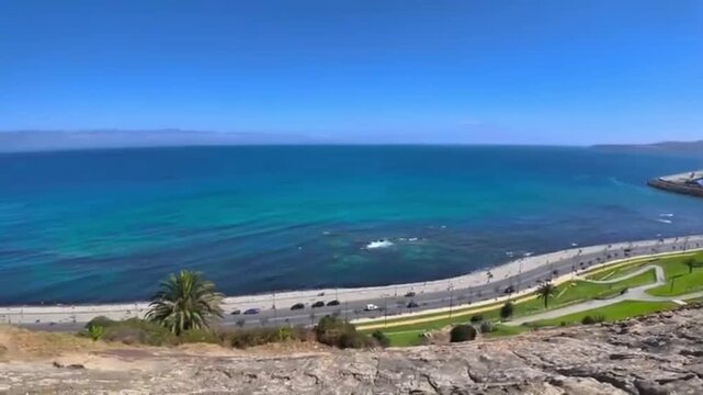 Tangier Morocco Cliff Ocean View With Girls Relaxing Merqala Road Port Mosque Cinematic Pan  Travel Scene