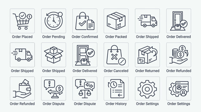 Set of ecommerce order processing and shipping line icons.