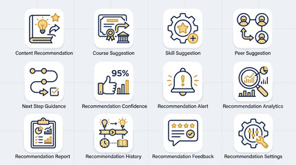 Fototapeta premium Set of 12 recommendation system icons for business and technology digital interface design.