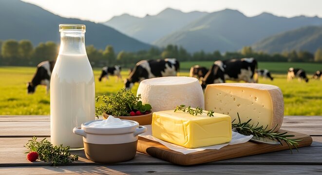 Dairy products on table.