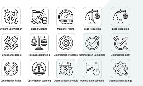 Set of computer system optimization line icons for software performance and maintenance.