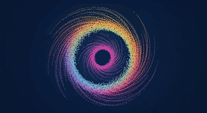 A 3D rendered spiral motion of colorful particles forming a circular vortex with a rainbow spectrum of dots on a dark blue background, featuring a stippled texture effect.