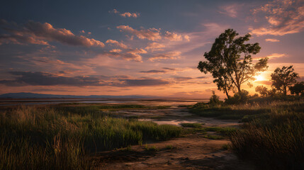 Fototapeta premium Quiet landscape with minimal sunset and calm air 