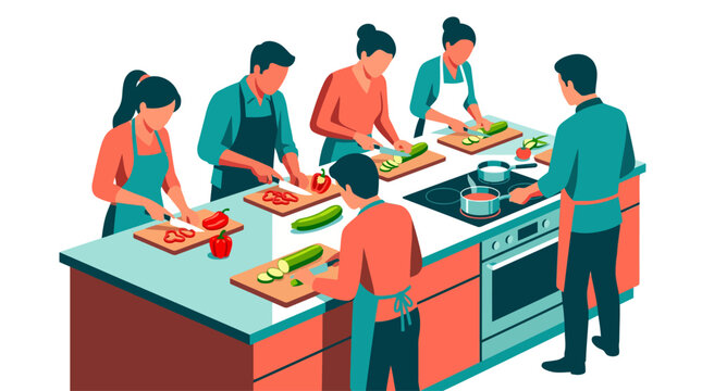 Students learning to chop vegetables and cook at a culinary workshop, isometric vector illustration.