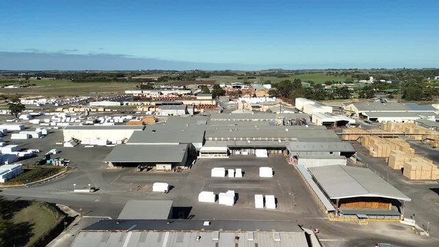 Mount Gambier, South Australia: 4K aerial drone footage of timber mill, industrial site and forestry processing facility near Umpherston Cave