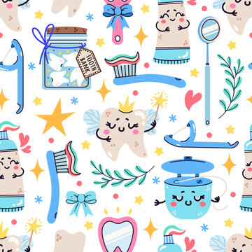 Tooth Fairy seamless vector pattern. Cute lost tooth with a magic wand, wings. Oral hygiene, floss, toothpaste, toothbrush. Dental tools, mirror, teeth. Hand drawn colorful background for kids, fabric