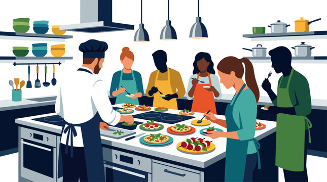 A professional chef instructing students and plating dishes during a cooking class, flat vector illustration.