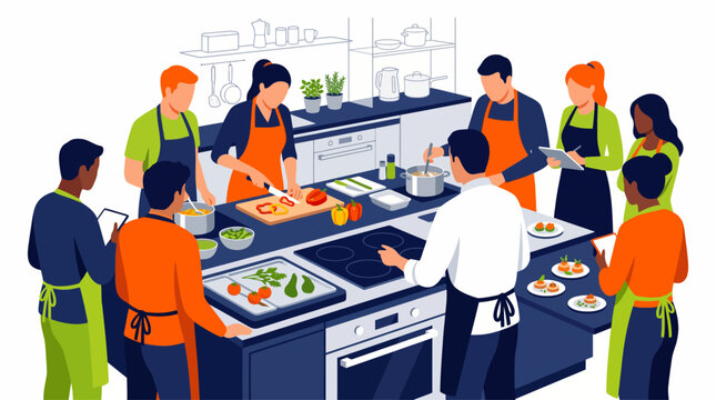 A large group of diverse students taking notes and cooking with a chef, flat vector illustration.