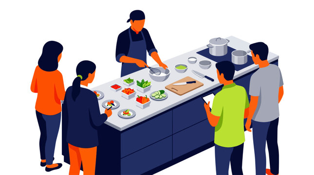 A chef whisking ingredients while students watch and learn in a kitchen, isometric vector illustration.