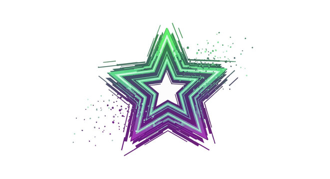 Abstract stylized star icon with concentric neon green and purple geometric outlines featuring digital glitch effects and scattered paint splatter dots on a plain white background.