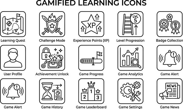 Set of Gamified Learning Icons for Educational Applications and Software.
