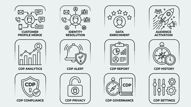 Set of Customer Data Platform Iconography for Business Analytics.