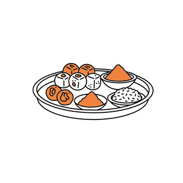 Indian ritual prayer thali illustration with food and offerings
