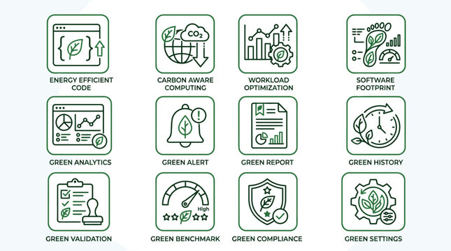 Set of green technology and sustainable development line icons.