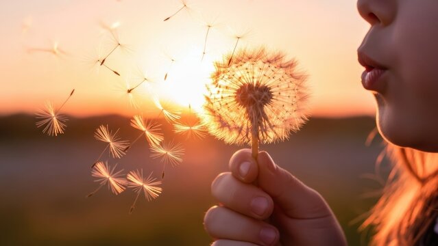 Close-up of a child making a wish on a dandelion at sunset.