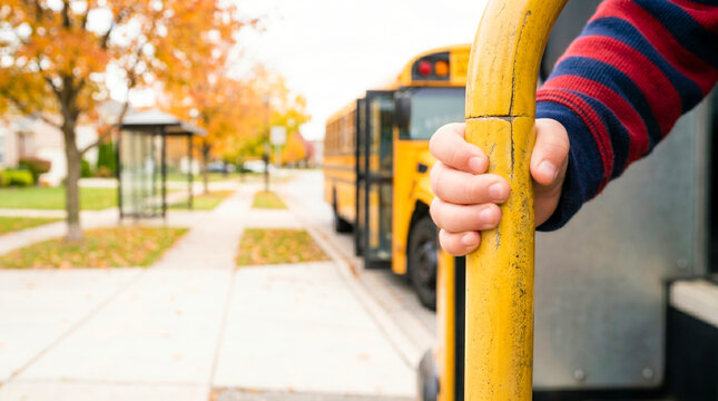 Child's hand gripping yellow handrail boarding school bus in autumn