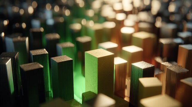Three dimensional geometric shapes display varying heights with intense lighting effects