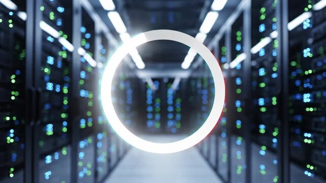 A luminous, glowing, circular symbol hovers centrally within a futuristic, illuminated server room, with rows of glowing computer racks receding into the distance, creating a captivating digital