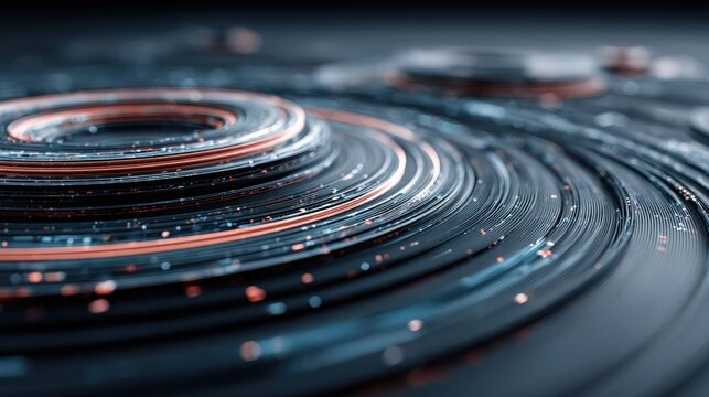 Glowing digital threads form intricate swirling patterns across a dark technological surface.