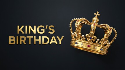 King's Birthday celebration banner, golden royal crown with jewels on black background, elegant monarch anniversary greeting card