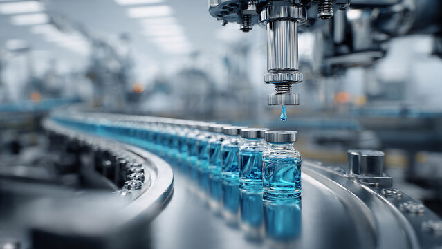 Precision automated pharmaceutical filling line with glass vials of vibrant blue liquid on stainless steel conveyor, sterile manufacturing close-up